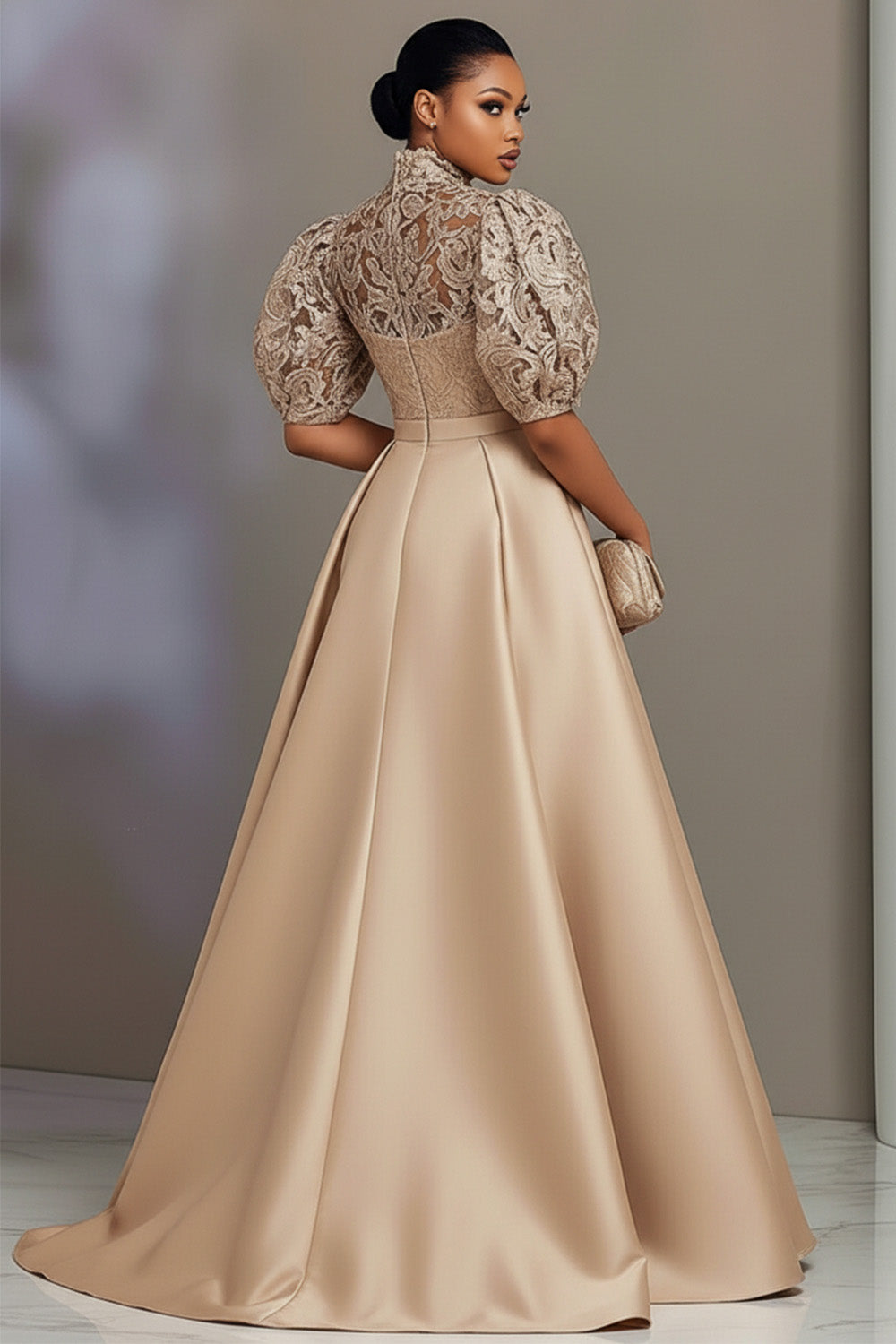 Xpluswear Design Plus Size Formal Satin Champagne Stand-Up Collar Puff Sleeve Short Sleeve Pleated Contrast Lace Maxi Dresses