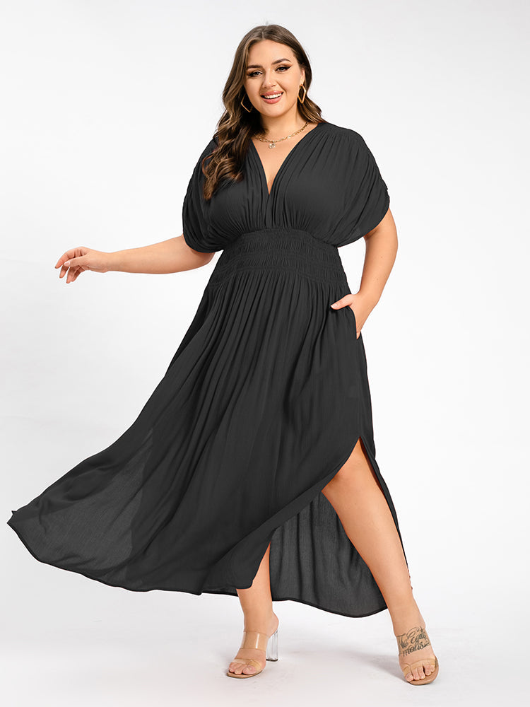 VIP V-Neck Batwing Sleeve Pocket Ruched Waist Maxi Dress