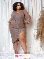 VIP Contrast Mesh Lantern Sleeve Wrap Sequin Midi Dress