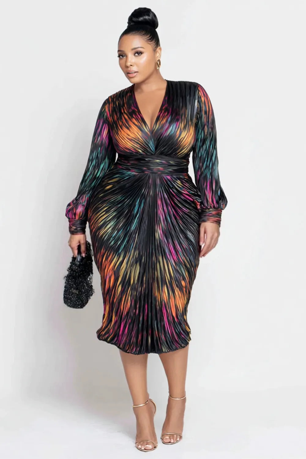 Xpluswear Design Plus Size Business Casual Multicolor All Over Print V Neck Long Sleeve Bodycon Elegant Satin Midi Dresses