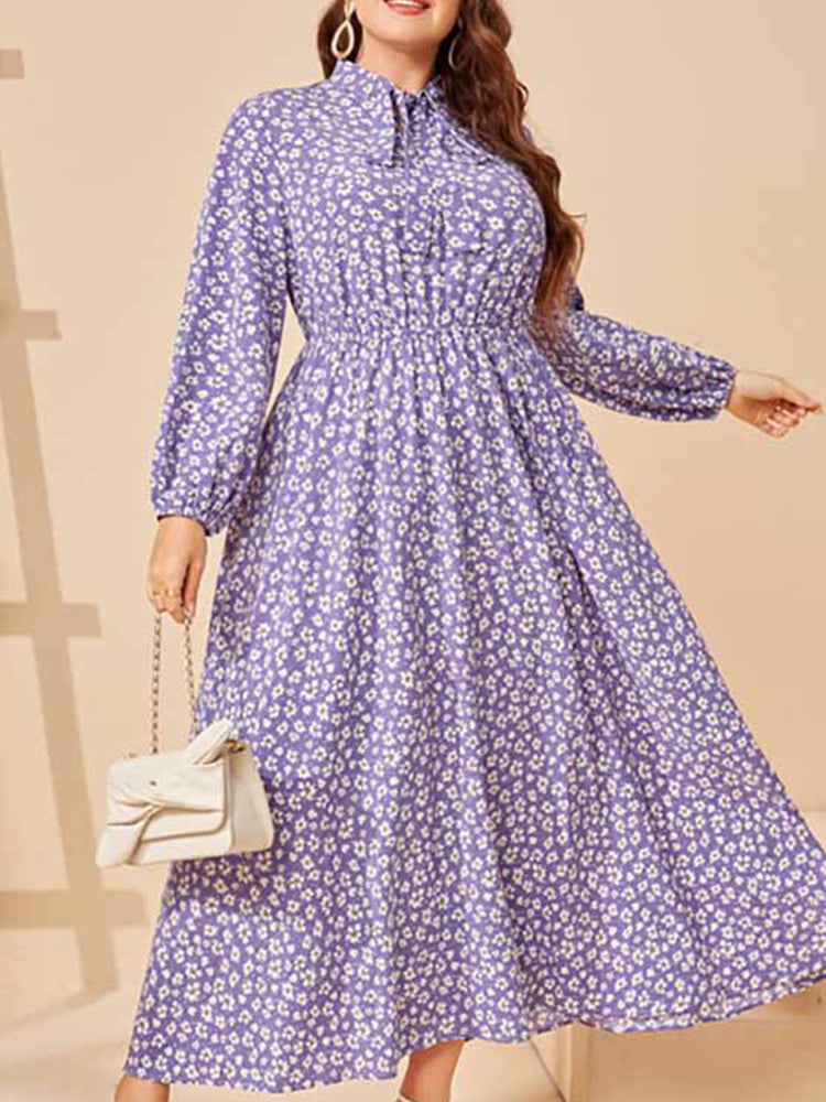 Plus Purple Floral Tie Neck Elastic Waist Maxi Dress