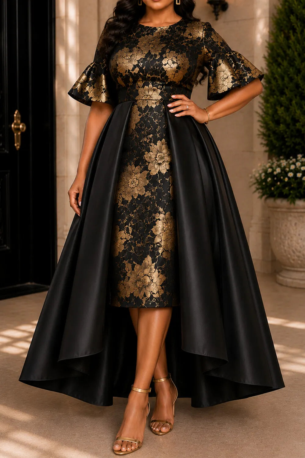 Xpluswear Design Plus Size Formal Black Foil Print Round Neck Puff Sleeve Short Sleeve With Skirt Overlay Satin Midi Dresses [Pre-Order]