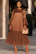 Xpluswear Design Plus Size Business Casual Chiffon Brown Round Neck Lantern Sleeve Long Sleeve Pleated Contrast Satin Maxi Dresses