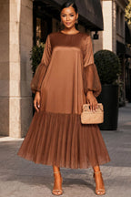 Xpluswear Design Plus Size Business Casual Chiffon Brown Round Neck Lantern Sleeve Long Sleeve Pleated Contrast Satin Maxi Dresses