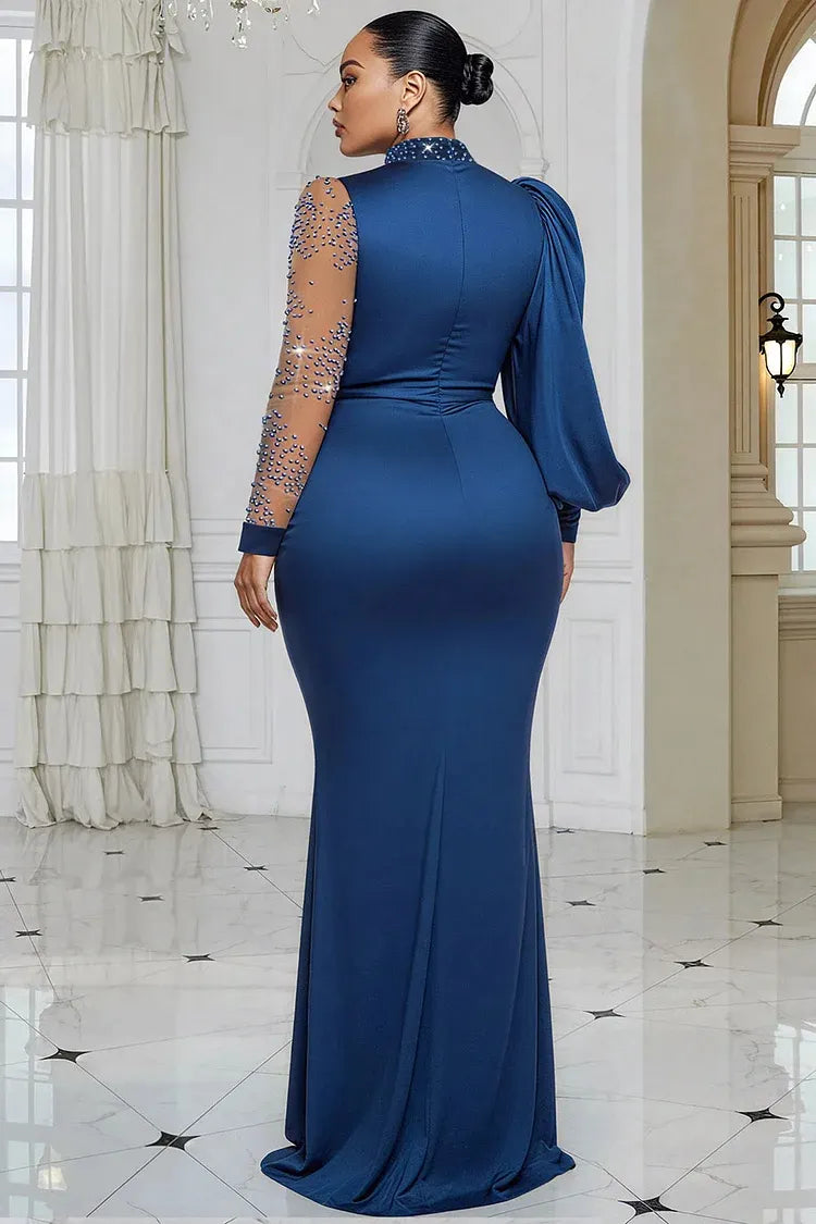 Xpluswear Design Plus Size Formal Blue Mock Neck Lantern Sleeve Long Sleeve Drilling Elegant See Through Tulle Satin Maxi Dresses