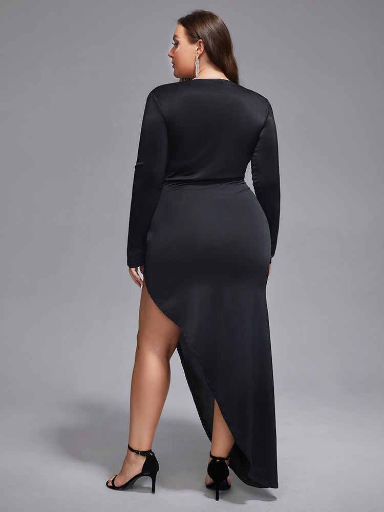 VIP Plus Ruched Crisscross Asymmetrical Hem Maxi Dress