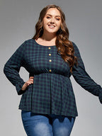 VIP Plus Green Plaid Button Front Elastic Waist Blouses