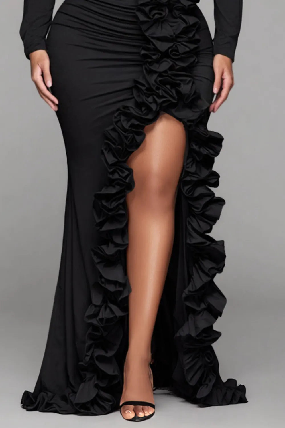 Xpluswear Design Plus Size Formal Black Round Neck Long Sleeve Split Elegant Ruffle 3D Satin Maxi Dresses