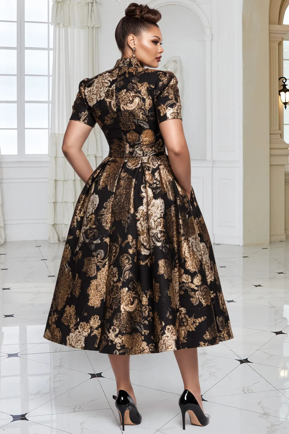 Xpluswear Design Plus Size Formal Black All Over Print Stand-Up Collar Short Sleeve Pocket Elegant Satin Midi Dresses