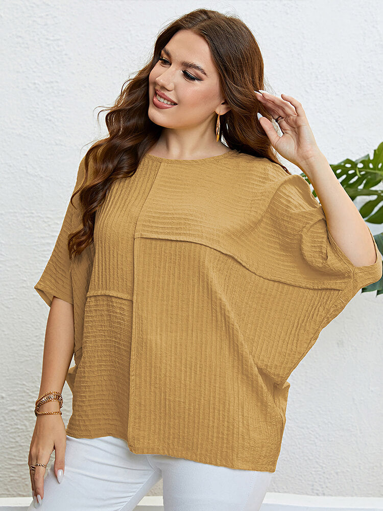 Plus Plain Patchwork Batwing Sleeve Blouse