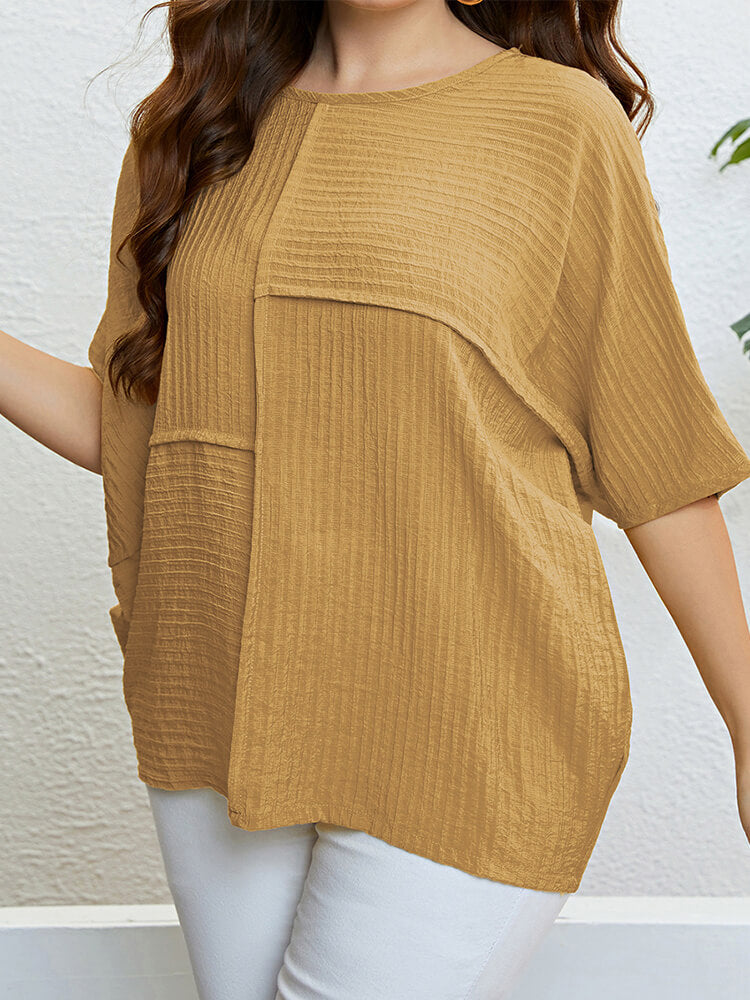 Plus Plain Patchwork Batwing Sleeve Blouse