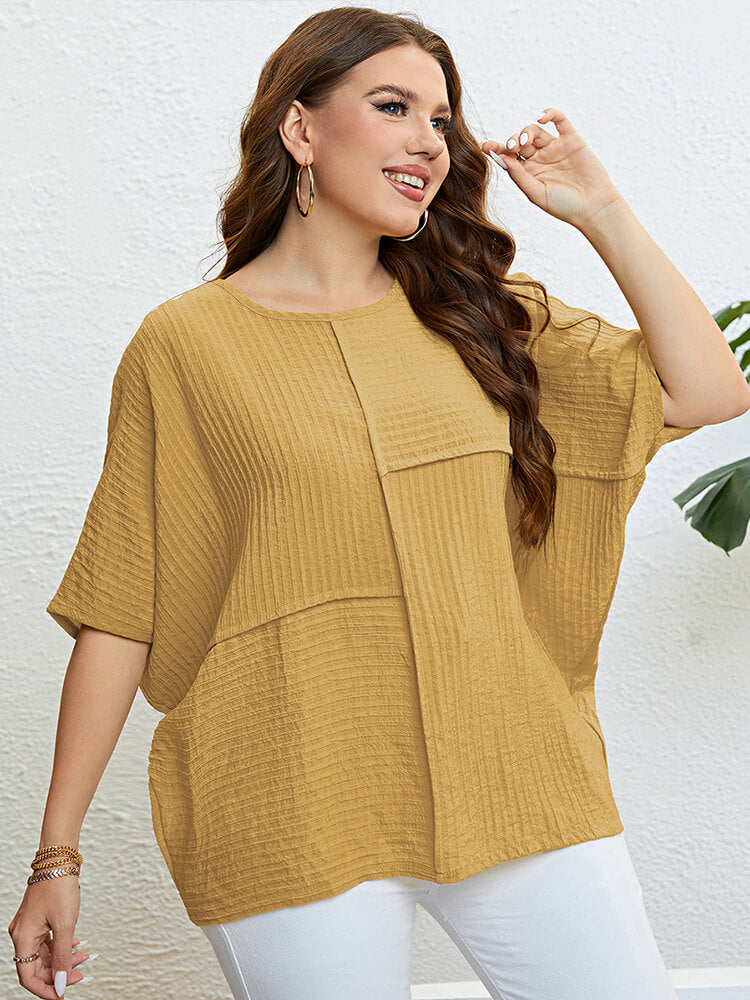 Plus Plain Patchwork Batwing Sleeve Blouse
