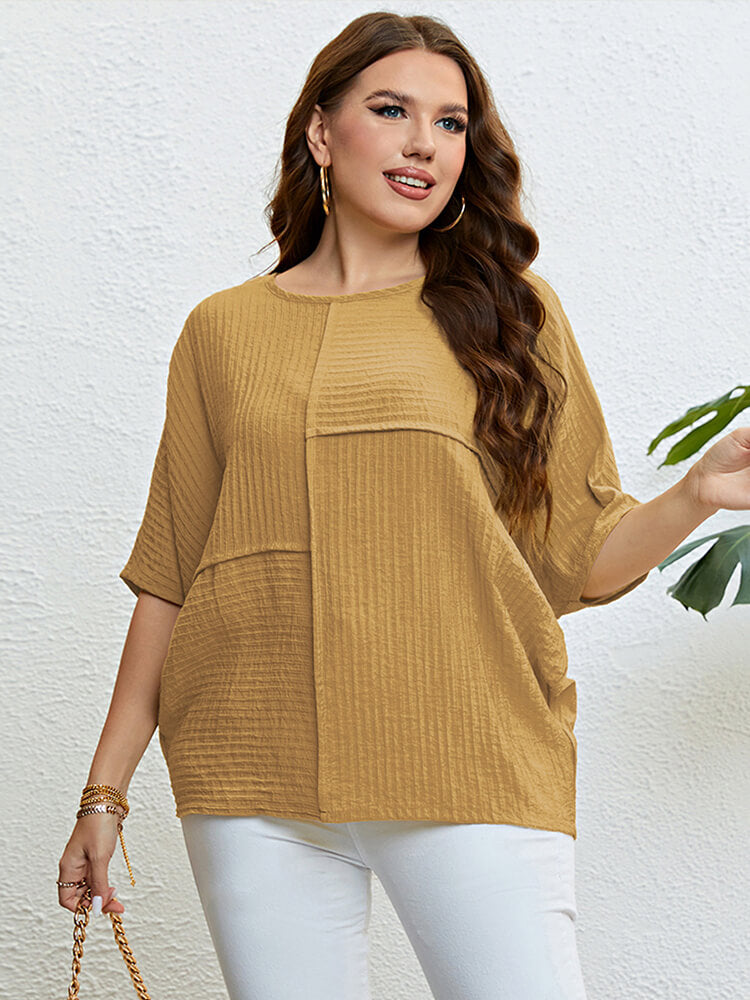 Plus Plain Patchwork Batwing Sleeve Blouse