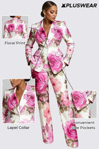 Xpluswear Design Plus Size Formal Yellow Floral Lapel Collar Long Sleeve Pocket Two Piece Pant Suits