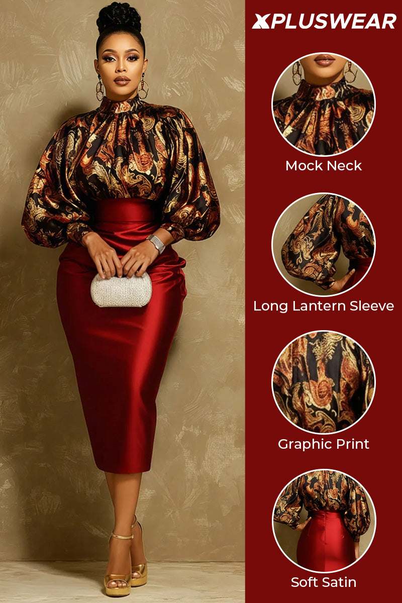 Xpluswear Design Plus Size Mother Of The Bride Burgundy Graphic Mock Neck Lantern Sleeve Long Sleeve Bodycon Elegant Satin Midi Dresses