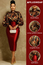 Xpluswear Design Plus Size Mother Of The Bride Burgundy Graphic Mock Neck Lantern Sleeve Long Sleeve Bodycon Elegant Satin Midi Dresses
