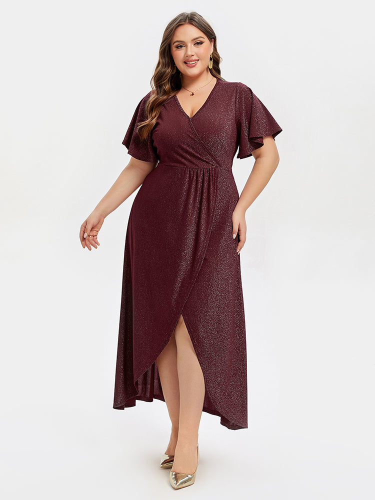 VIP V-Neck Ruffle Sleeve Split Glitter Maxi Dress