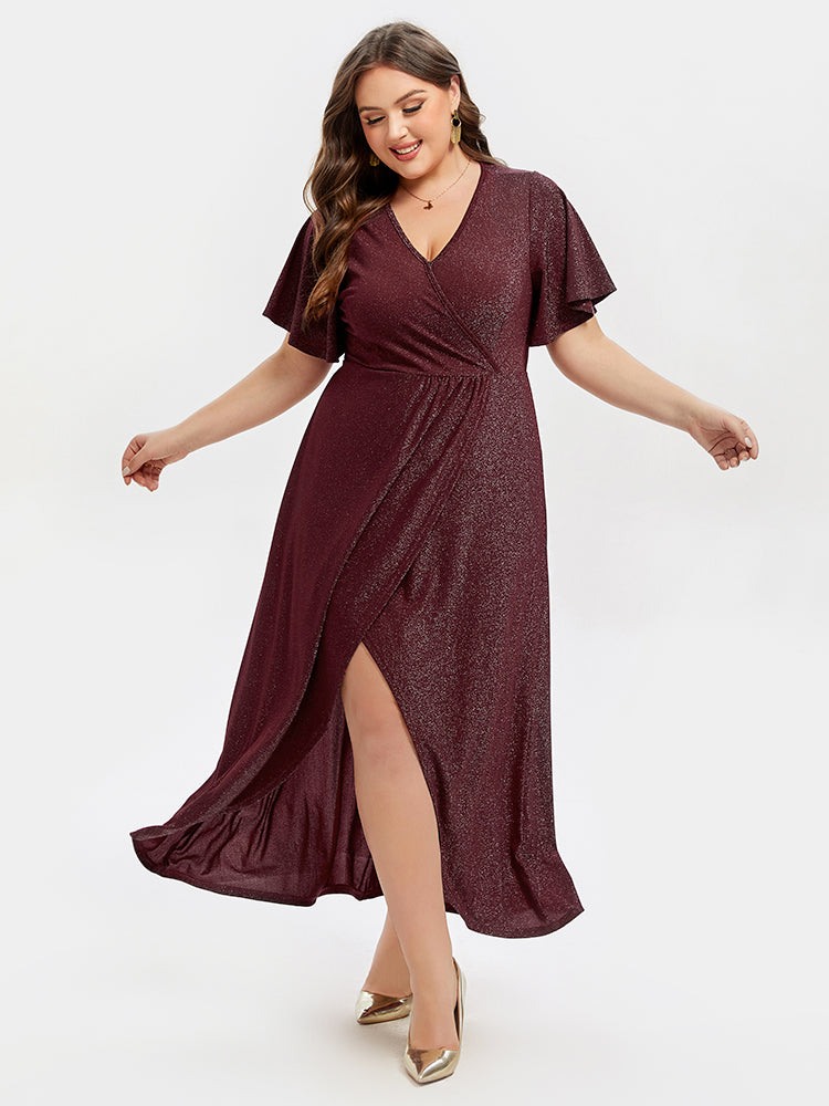 VIP V-Neck Ruffle Sleeve Split Glitter Maxi Dress