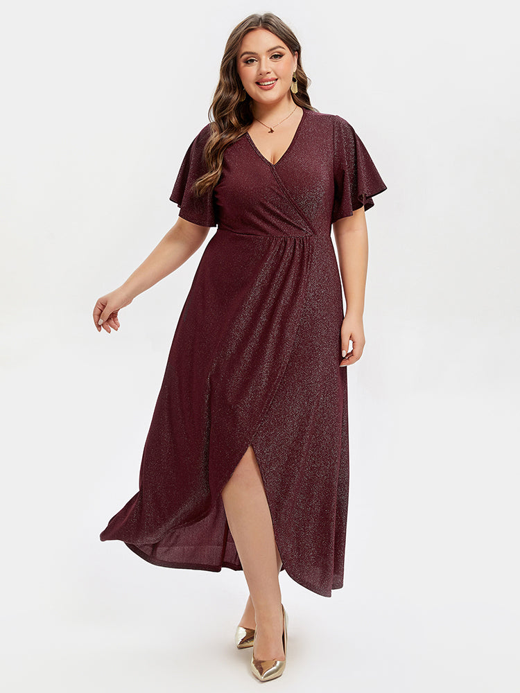 VIP V-Neck Ruffle Sleeve Split Glitter Maxi Dress