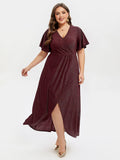 VIP V-Neck Ruffle Sleeve Split Glitter Maxi Dress
