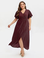 VIP V-Neck Ruffle Sleeve Split Glitter Maxi Dress