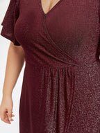 VIP V-Neck Ruffle Sleeve Split Glitter Maxi Dress
