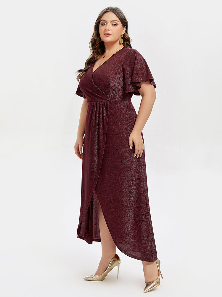 VIP V-Neck Ruffle Sleeve Split Glitter Maxi Dress
