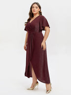 VIP V-Neck Ruffle Sleeve Split Glitter Maxi Dress