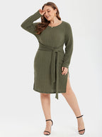 Tie Front Split Ribbed Knit Bodycon Sweater Dress