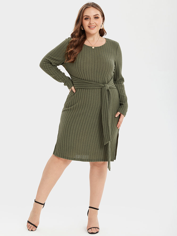 Tie Front Split Ribbed Knit Bodycon Sweater Dress