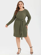 Tie Front Split Ribbed Knit Bodycon Sweater Dress