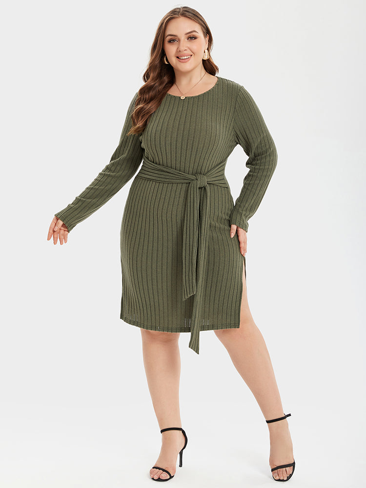 Tie Front Split Ribbed Knit Bodycon Sweater Dress