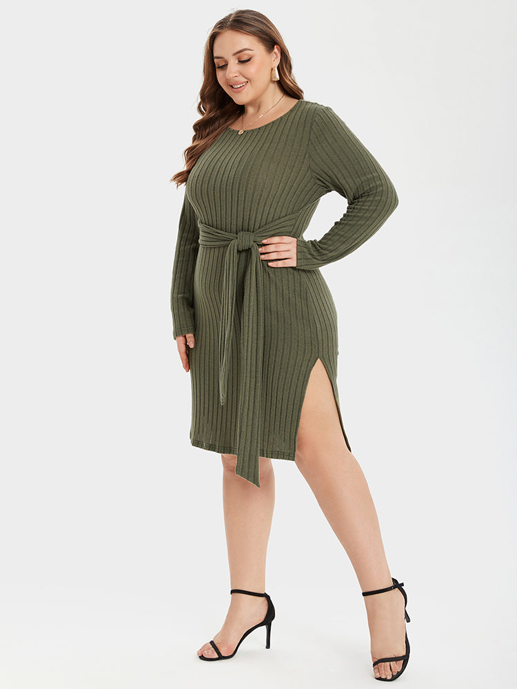 Tie Front Split Ribbed Knit Bodycon Sweater Dress
