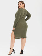 Tie Front Split Ribbed Knit Bodycon Sweater Dress