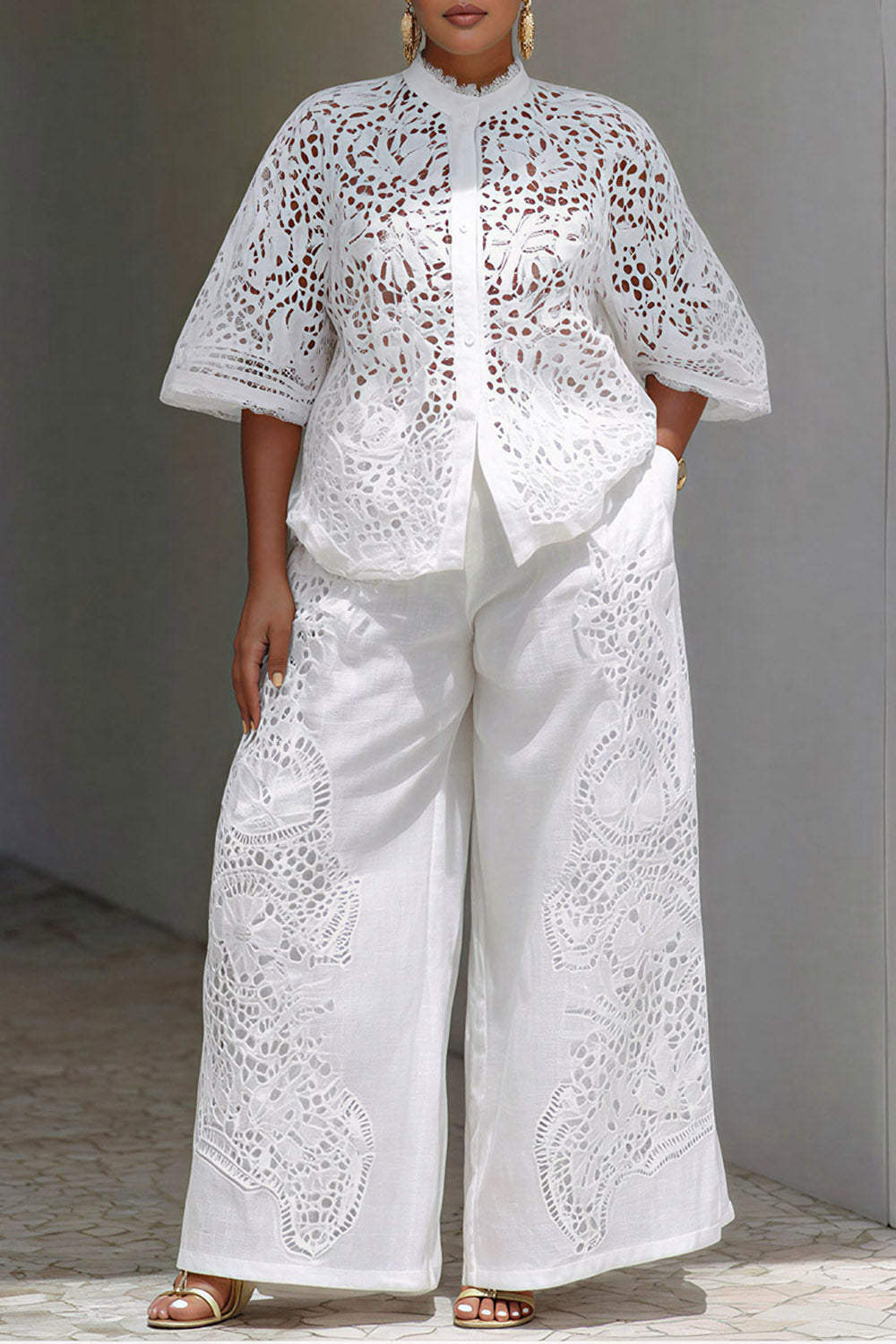 Xpluswear Design Plus Size Vacation White Stand-Up Collar Flare Half Sleeve Cut Out Pocket Guipure Lace Two Piece Pant Sets