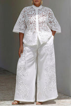 Xpluswear Design Plus Size Vacation White Stand-Up Collar Flare Half Sleeve Cut Out Pocket Guipure Lace Two Piece Pant Sets