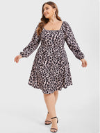 VIP Leopard Print Square Neck Belted Midi Dress