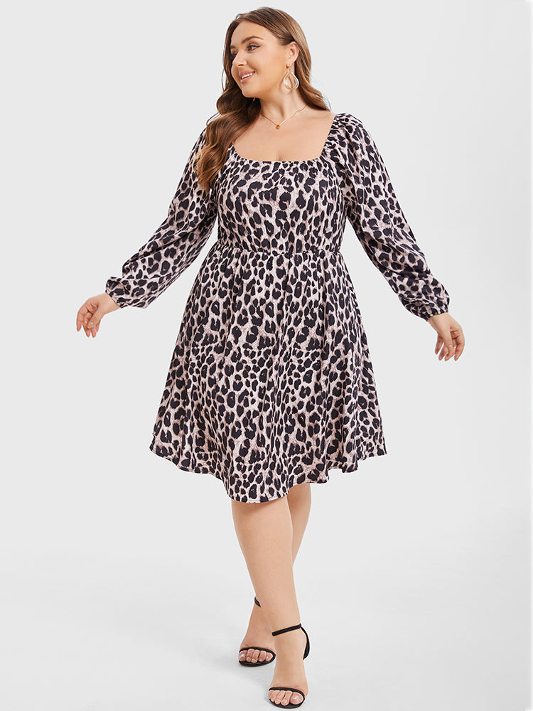 VIP Leopard Print Square Neck Belted Midi Dress