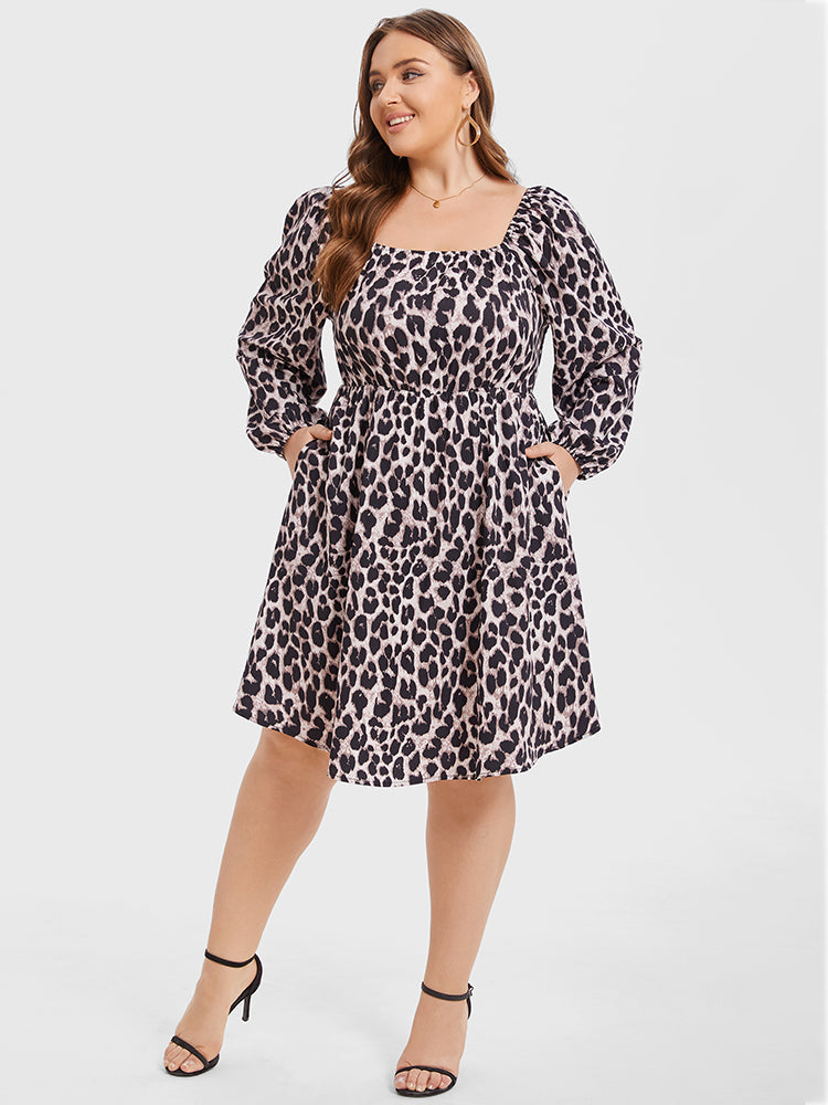 VIP Leopard Print Square Neck Belted Midi Dress