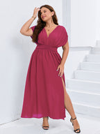 VIP V-Neck Dolman Sleeve Ruched Split Pocket Maxi Dress