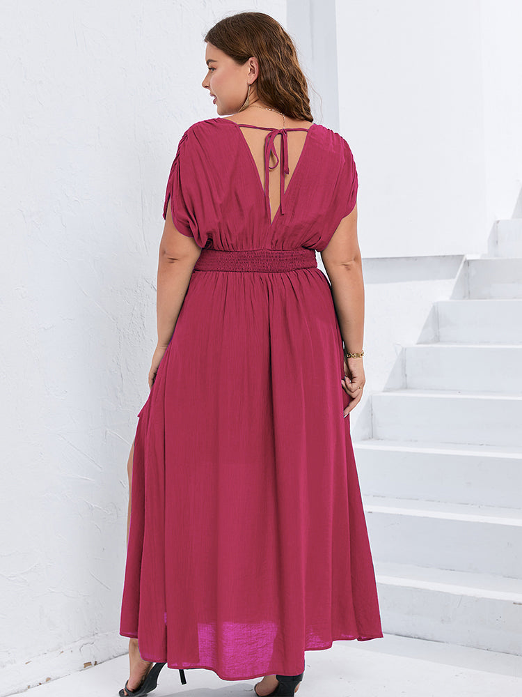VIP V-Neck Dolman Sleeve Ruched Split Pocket Maxi Dress