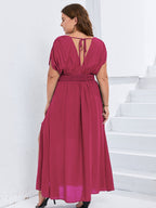 VIP V-Neck Dolman Sleeve Ruched Split Pocket Maxi Dress