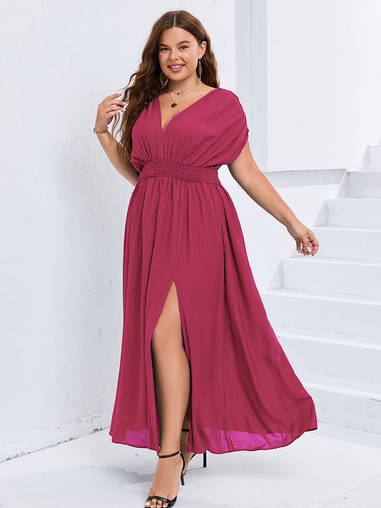 VIP V-Neck Dolman Sleeve Ruched Split Pocket Maxi Dress