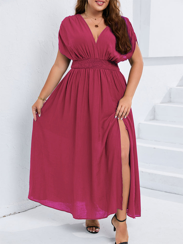 VIP V-Neck Dolman Sleeve Ruched Split Pocket Maxi Dress