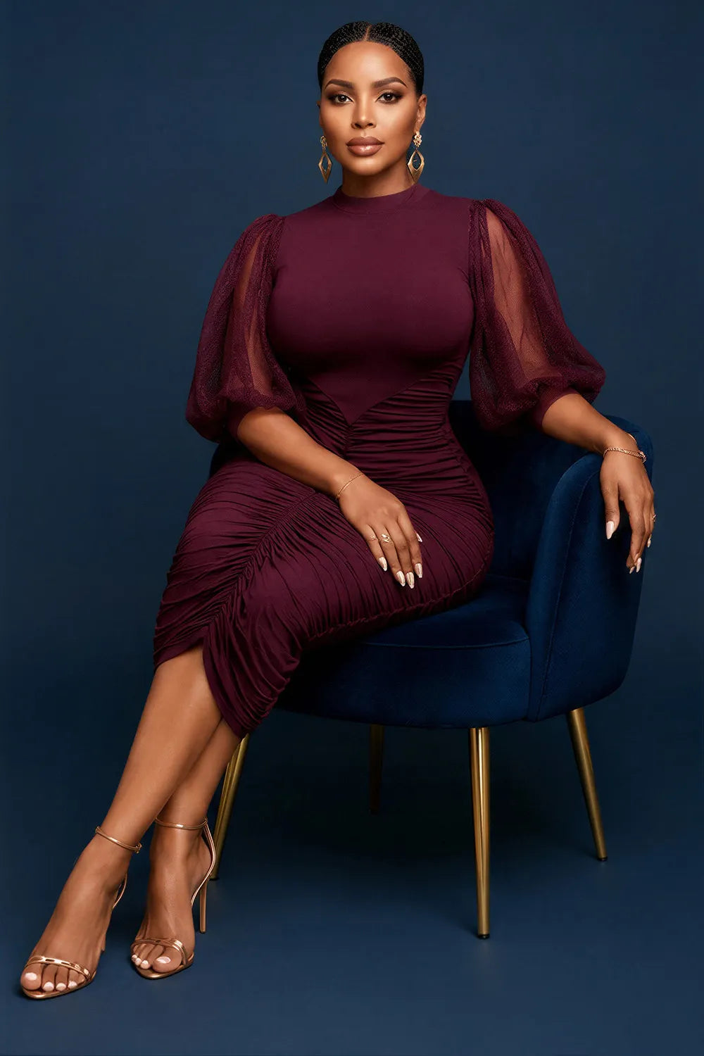 Xpluswear Design Plus Size Cocktail Party Burgundy Round Neck Puff Sleeve Short Sleeve Fold Bodycon Tulle Midi Dresses