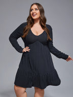 Plus V-Neck Tie Back Ruffle Hem Dress