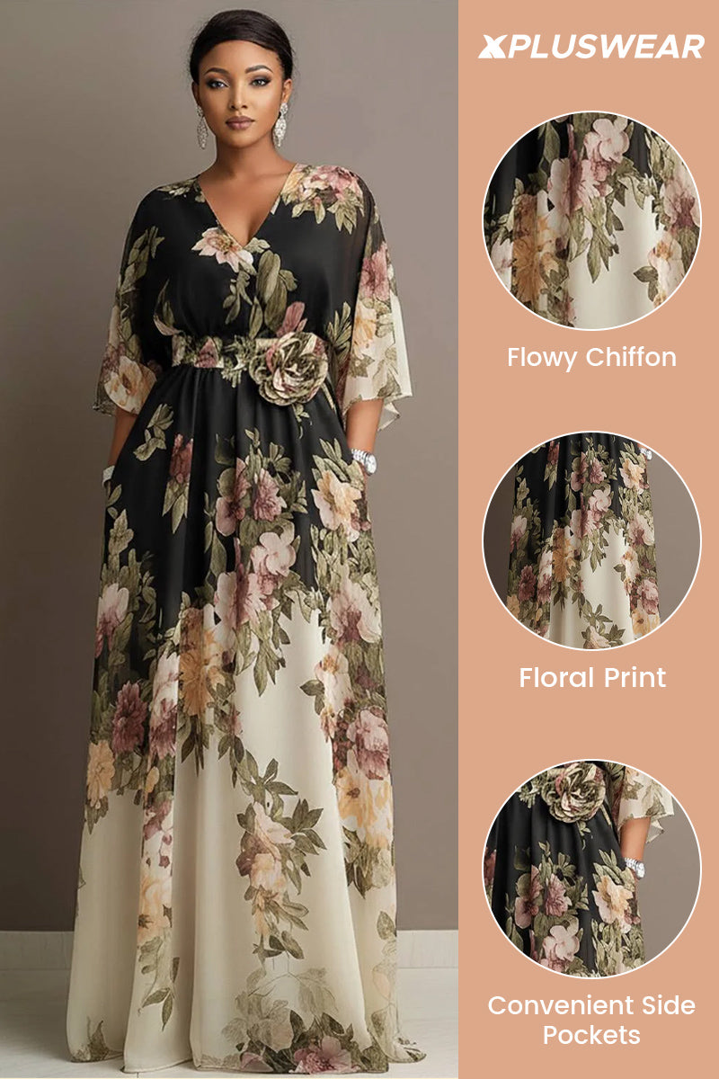 Xpluswear Design Plus Size Wedding Guest Black Floral Round Neck Flare 3/4 Sleeve Pocket 3D Chiffon Maxi Dresses