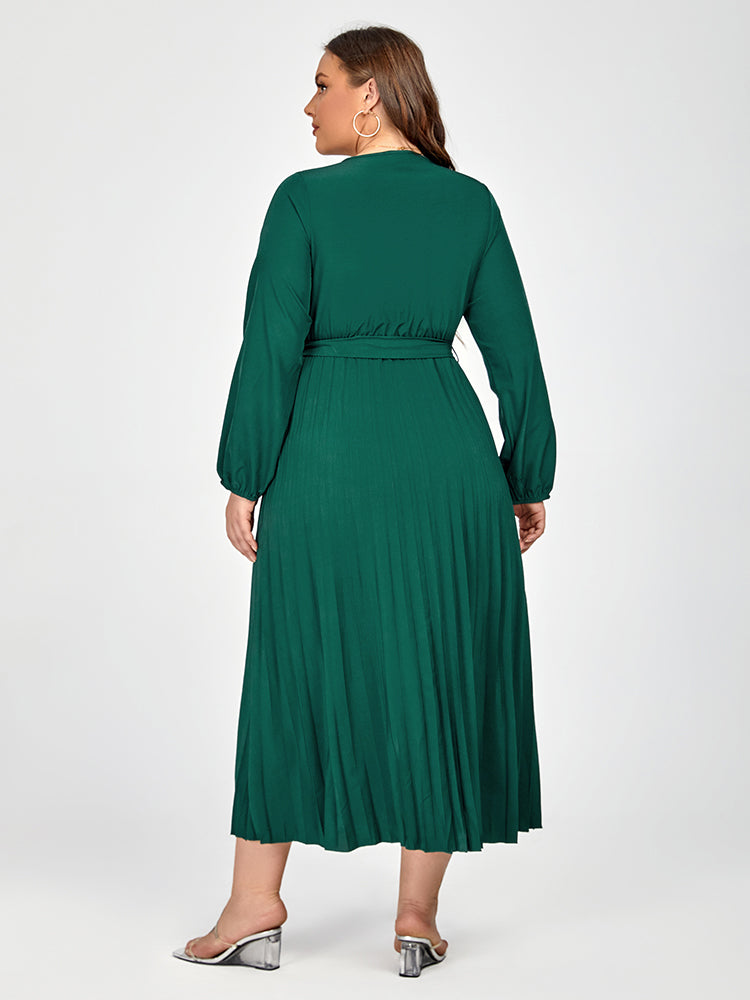 Plus V-Neck Belted Lantern Sleeve Maxi Dress