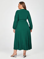 Plus V-Neck Belted Lantern Sleeve Maxi Dress