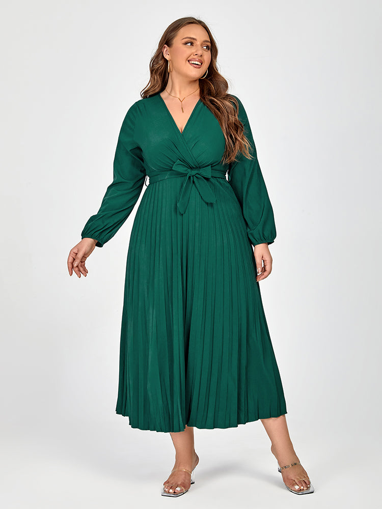 Plus V-Neck Belted Lantern Sleeve Maxi Dress